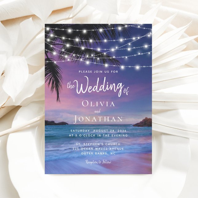 Sunset String Ljus Tropical Beach Wedding Inbjudningar (Skapare uppladdad)