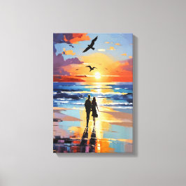 Sunset Stroll Expressionist Romantic Beach Scene Canvastryck
