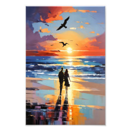 Sunset Stroll Expressionist Romantic Beach Scene Fototryck