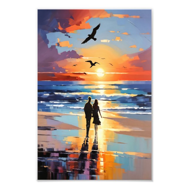 Sunset Stroll Expressionist Romantic Beach Scene Fototryck (Framsidan)