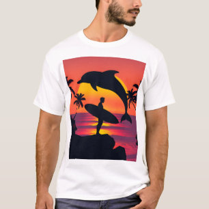 Sunset Surfer och Dolphin Silhouette Tropical Beac T Shirt