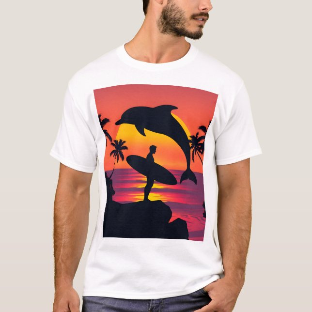 Sunset Surfer och Dolphin Silhouette Tropical Beac T Shirt (Framsida)
