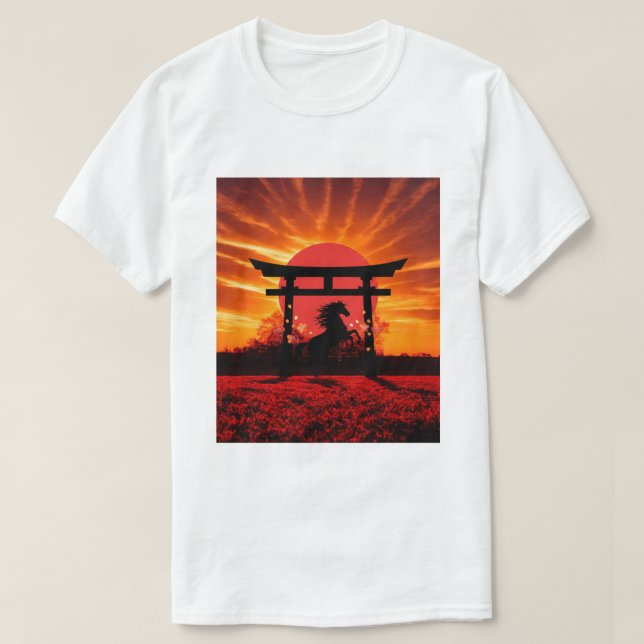 Sunset Torii & Horse – Japanese Landscape Art T-sh T Shirt (Design framsida)