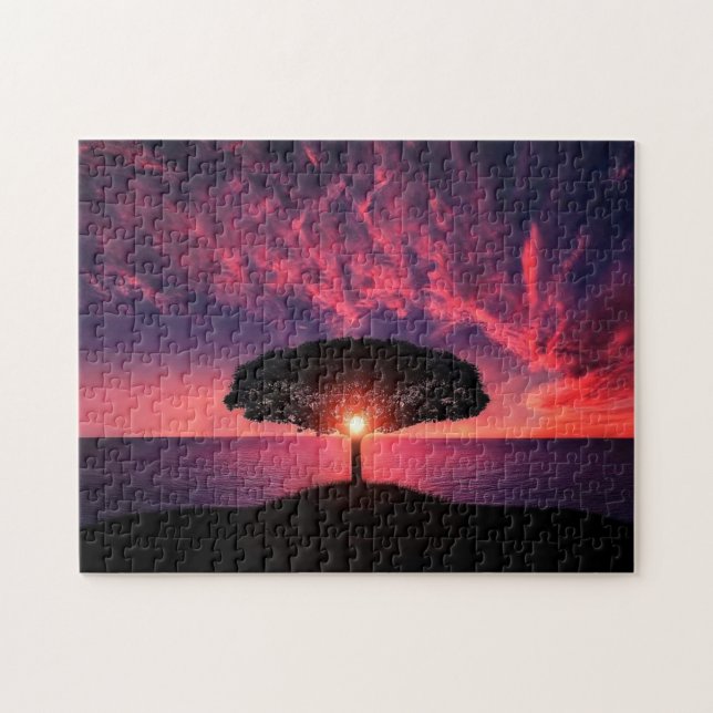 Sunset Träd Jigszle Puzzle Red Clouds Himlar Pussel (Horisontell)