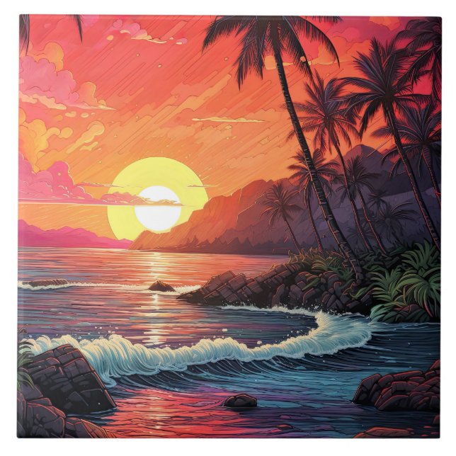 Sunset Tropical Beach Paradise Island  Kakelplatta (Framsidan)