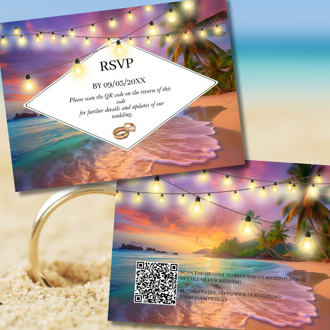 Sunset Tropical Beach QR Code OSA Bröllop Anteckningskort (Skapare uppladdad)