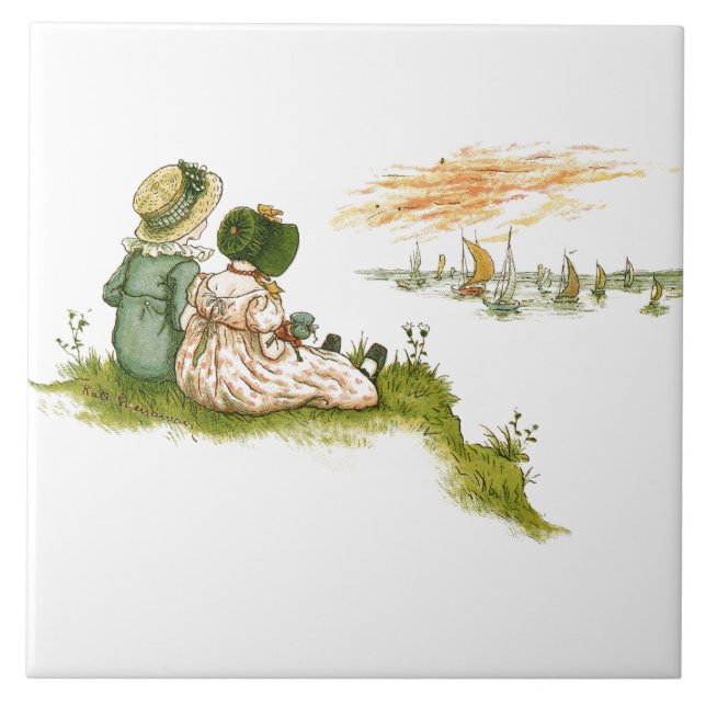 Sunset Two Girls Boats Kate Greenaway Kakelplatta (Framsidan)