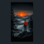 Sunset View: The Hiker's Vista Poster<br><div class="desc">This dramatic wall art poster captures a moment of contemplation and adventure in a vast, moody mountain landscape. The scene is dominated by a figure of a lone hiker standing on a rocky outcrop, viewed from behind. He is wearing a distinctive, vibrant orange jacket and backpack, which provides a powerful,...</div>