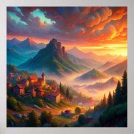 Sunset Village in Mountains,Bohemian Ligcape Poster