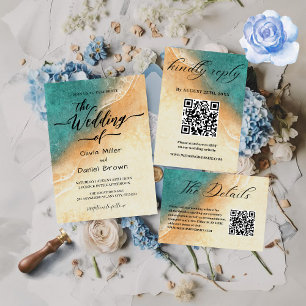 Sunset Watercolor Shoreline Tropical Beach Wedding Inbjudningar