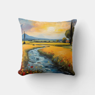 Sunset Wildblommor Fält landskap med ström Kudde