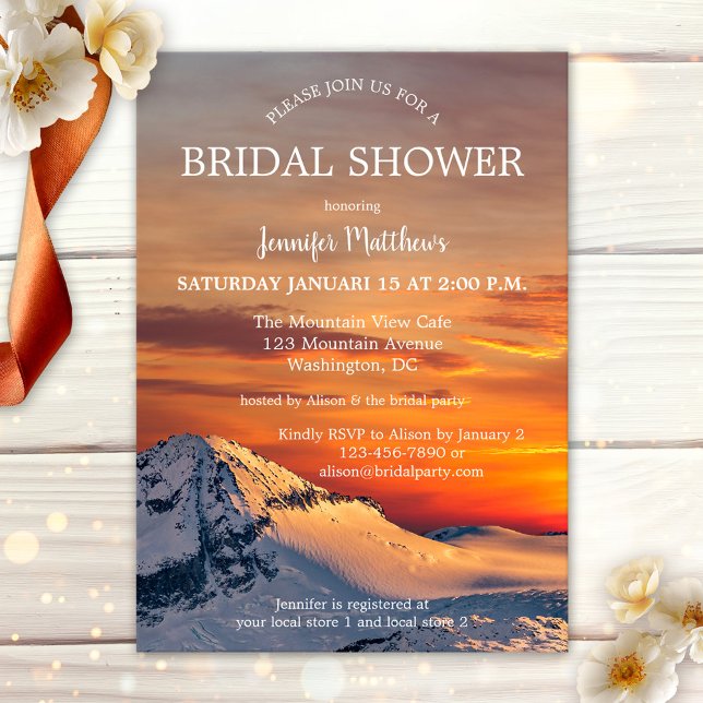 Sunset Winter Wonderland Inbjudningskort för möhip (Bridal shower invitation featuring a romantic winter scene with a sunset over snow covered mountains)