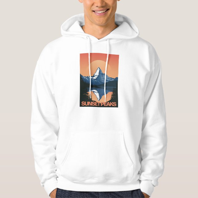 SunsetPeak: Majestic Mountain Sunset Hoodie (Framsida)
