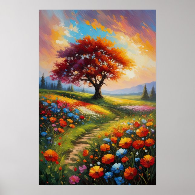 Sunset's Canvas, färgfulla blommor Poster (Framsidan)