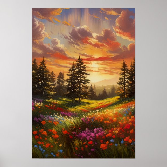 Sunset's Canvas, färgfulla blommor Poster (Framsidan)