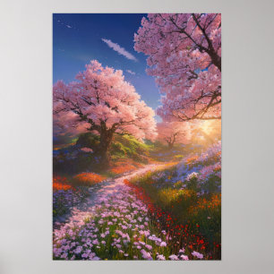 Sunset's Magic on a Meadow of Flowers Poster