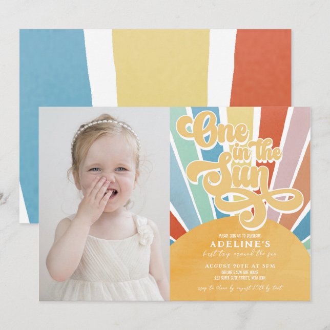 Sunshine 1:a födelsedagen Boho One i Sol Bild Inbjudningar (Fram/baksida)