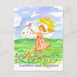 Sunshine and Happiness Girl Hund inspirational Vykort