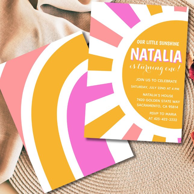 Sunshine and Rainbow Girl First Birthday Inbjudningar (Pastel sunshine and rainbow first birthday invitation for girls with pink, purple, and yellow colors)