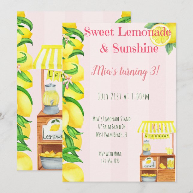 Sunshine and Sweet Lemonade stand Girls Birthday Inbjudningar (Fram/baksida)