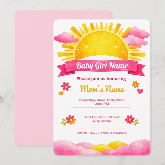 Sunshine Baby Girl Watercolor Shower Inbjudningar (Fram/baksida)