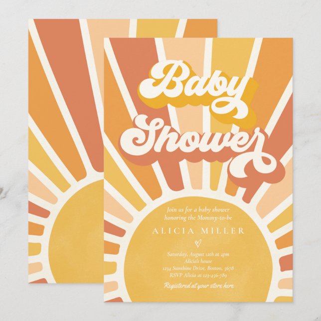 Sunshine Baby Shower Boho Retro Gult Sunshine Inbjudningar (Fram/baksida)