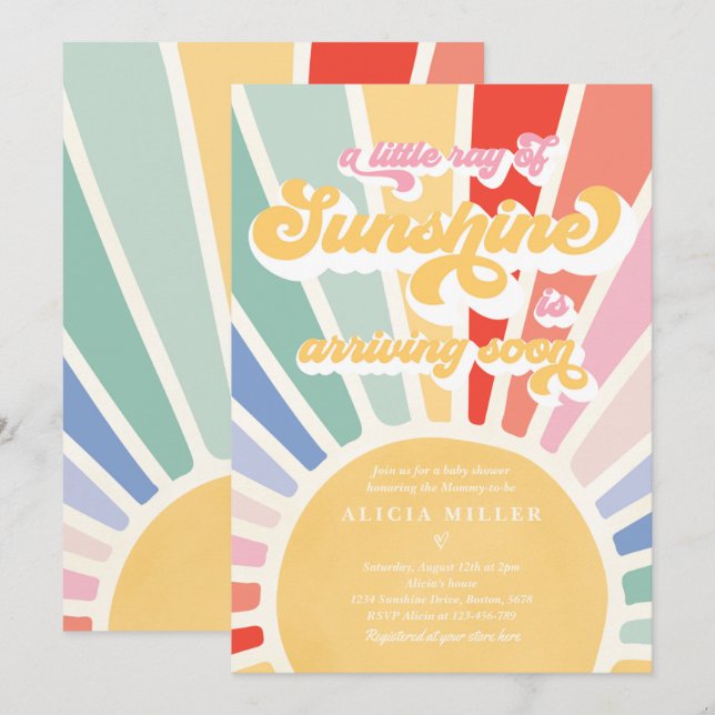 Sunshine Baby Shower Boho Retro Rainbow Sunshine Inbjudningar (Fram/baksida)