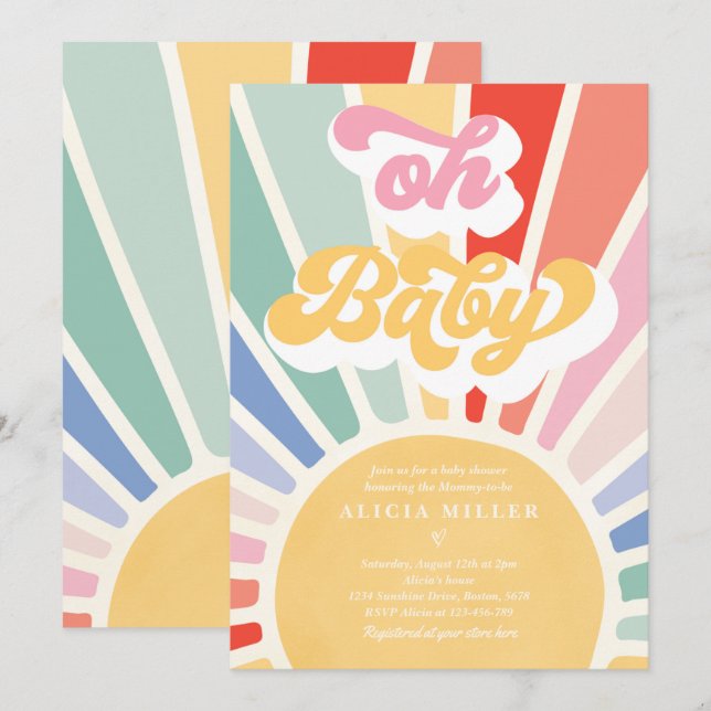 Sunshine Baby Shower Boho Retro Rainbow Sunshine Inbjudningar (Fram/baksida)