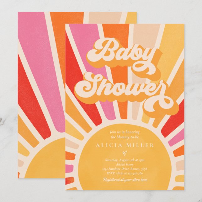 Sunshine Baby Shower Boho Retro Rosa Sunshine Inbjudningar (Fram/baksida)