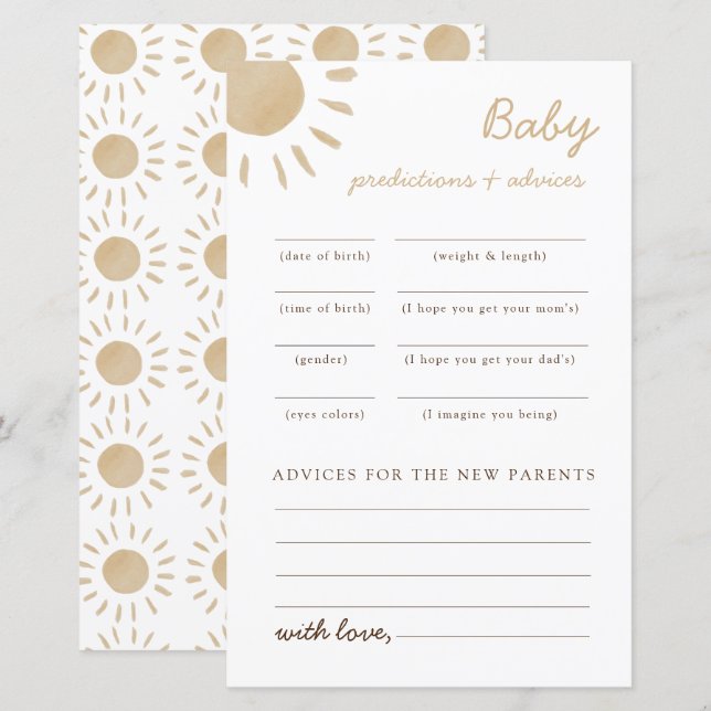 Sunshine baby shower råd och förutsägelser spel (Fram/baksida)