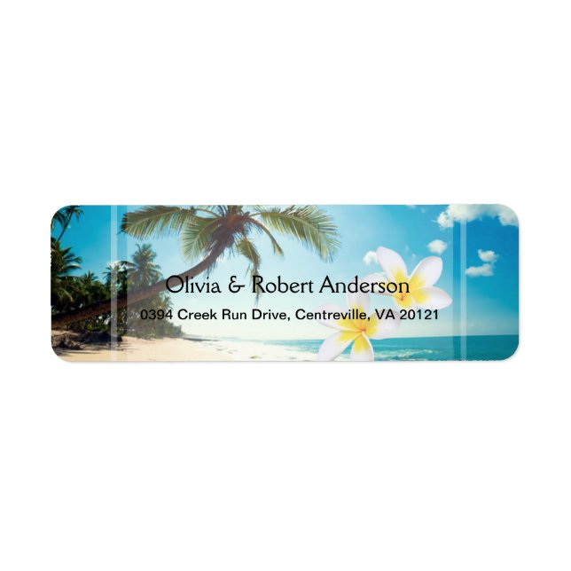 Sunshine Beach Handflatan Träd Plumeria Bröllop Returadress Etikett (Framsidan)