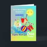 Sunshine Beach Theme Grandson Grattis på födelseda Kort<br><div class="desc">Toppen söt leende solsken över en kustnära scen med barnhink och utrymme längs roligtens sandslott. en sådan roligt och färgstark utformning och enkel att anpassa med namn,  ålder och budskap,  för den speciella beröringen i extra utan kostnad för extra.</div>