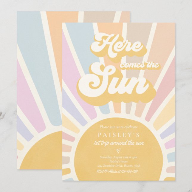 Sunshine Birthday Boho 1:a Resa runt Sol Inbjudningar (Fram/baksida)