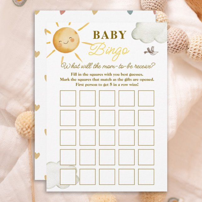 Sunshine Boho Sol Gender-Neutralt Baby Bingo Card Anteckningskort (Skapare uppladdad)