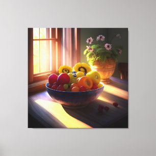 Sunshine Bowl of Fruit and Flowers 1 Canvastryck