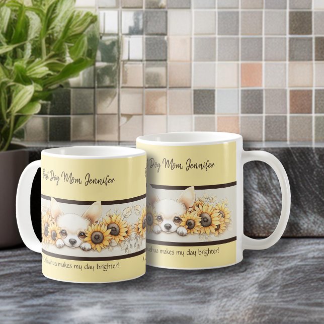 Sunshine Chihuahua Solros Watercolor Hund Blommigt Kaffemugg (Sunshine Chihuahua Sunflower Watercolor Dog Floral Coffee Mug. Personalize for a friend or yourself.)