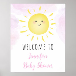 Sunshine Clouds Rosa Girl Baby Shower Välkommen Poster