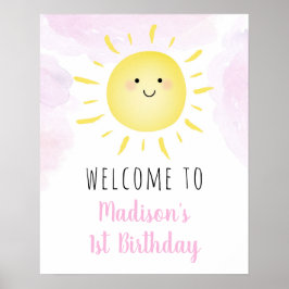 Sunshine Clouds Rosa Girl Birthday Välkommen Poster