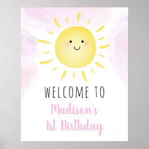 Sunshine Clouds Rosa Girl Birthday Välkommen Poster