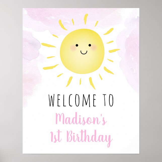 Sunshine Clouds Rosa Girl Birthday Välkommen Poster (Framsidan)