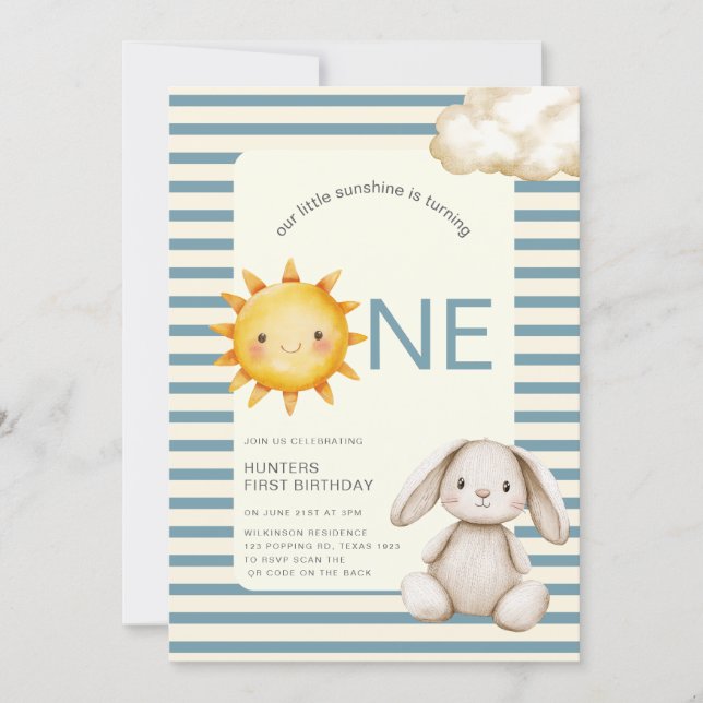 Sunshine Cute Bunny First Birthday OR code Inbjudningar (Framsida)