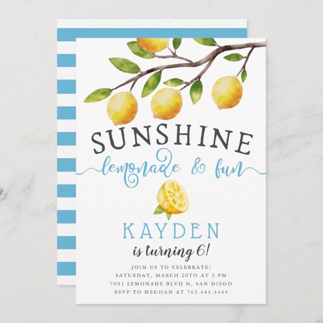 Sunshine Lemonade and Roligt Boy's Födelsedagsfest Inbjudningar (Fram/baksida)