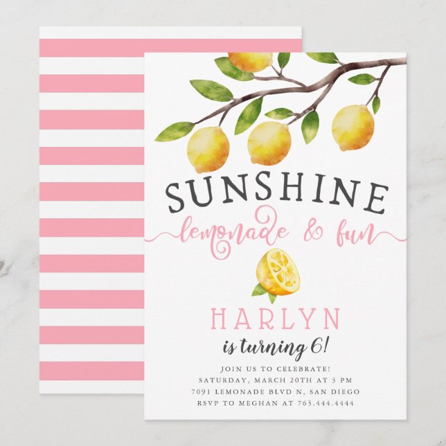 Sunshine Lemonade and Roligt Girl's Födelsedagsfes Inbjudningar (Fram/baksida)