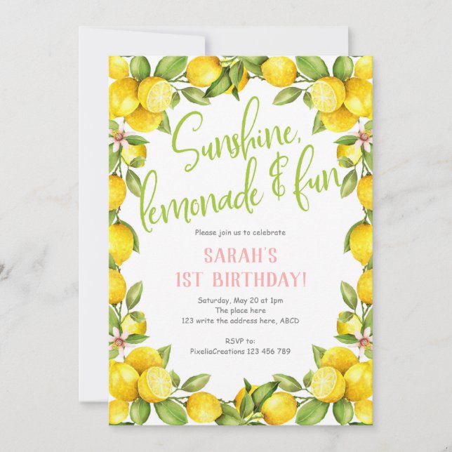 Sunshine lemonade, Lemon 1:a födelsedag Inbjudningar (Framsida)