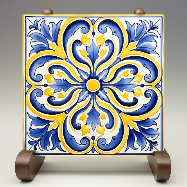 Sunshine Majolica Royal Blue Vibrant Gult Kakelplatta (Skapare uppladdad)