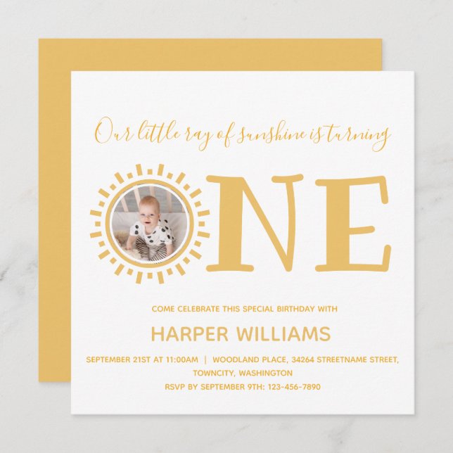 Sunshine Photo Baby 1:a födelsedagen Inbjudningar (Fram/baksida)