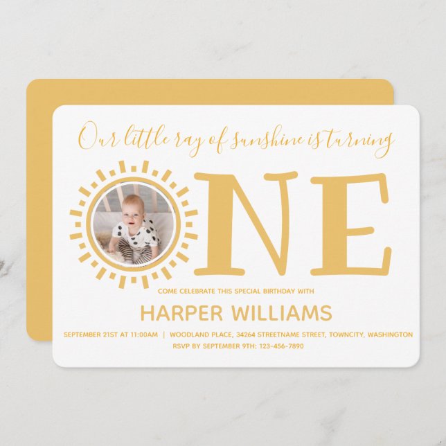 Sunshine Photo Baby First Birthday Inbjudningar (Fram/baksida)