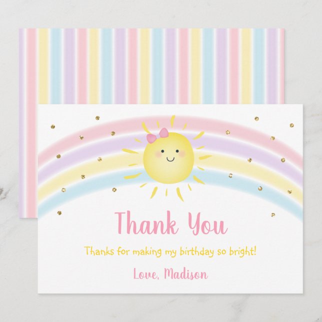 Sunshine Rainbow Rosa Guld Birthday Tack Inbjudningar (Fram/baksida)