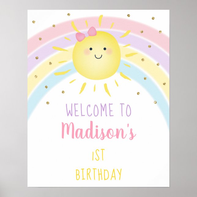 Sunshine Rainbow Rosa Guld Pastel Birthday Välkomm Poster (Framsidan)