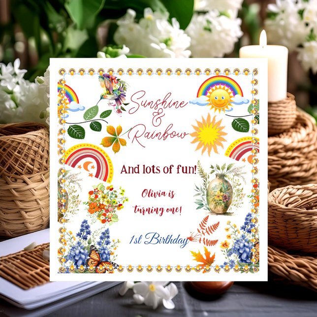 Sunshine Rainbow Vår Garden Butterfly Birthday Pappersservett (Sunshine Rainbow Spring Garden Butterfly Birthday Napkins)